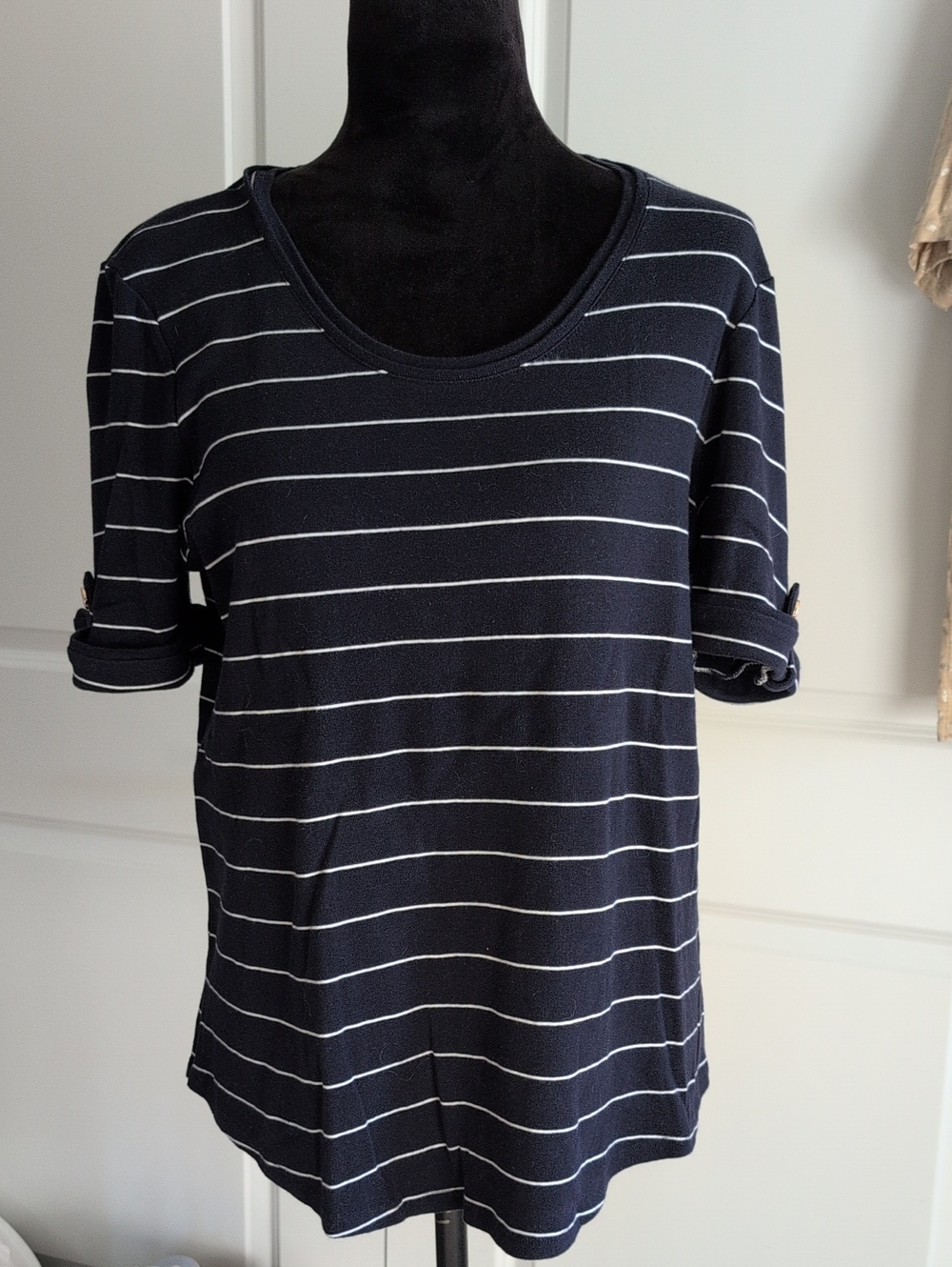 Chicos Women’s Navy Striped Short Sleeve Top